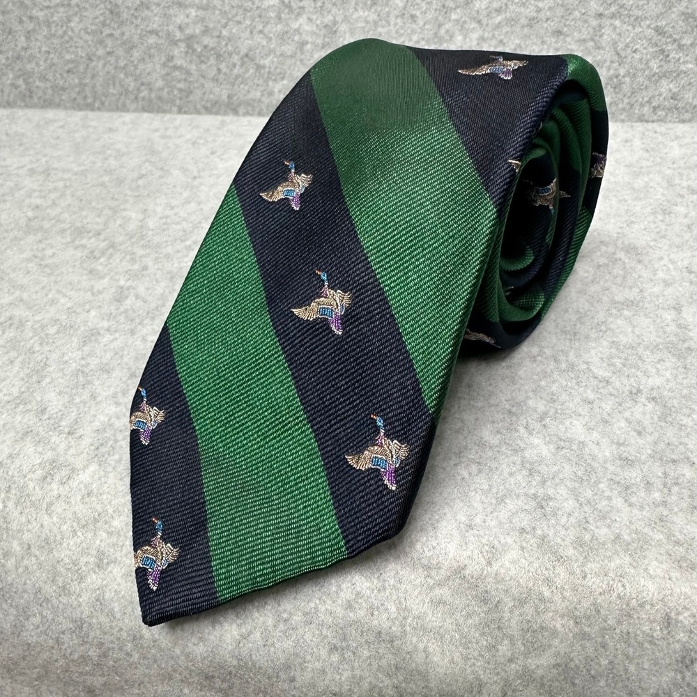 Hathaway Mens Tie Striped Embroidered Mallard Drake Ducks Silk‎ Blend Green Navy
